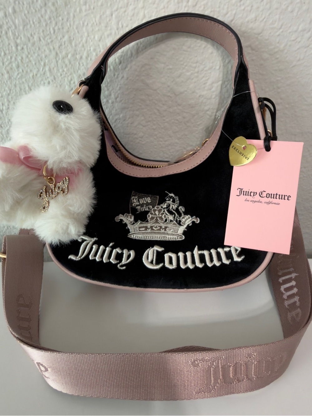 NWT Juicy Couture Crown Hobo Crossbody Bag Liquorice Black Pink + Dog Charm Y2K